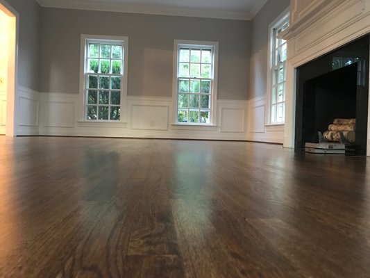 Dark satined floors with Super Matt finish - Dark walnut stain and 4 coats of water based finish used on this refinishing project. Dark satined floors with Super Matt finish - Dark walnut stain and 4 coats of water based finish used on this refinishing project.
