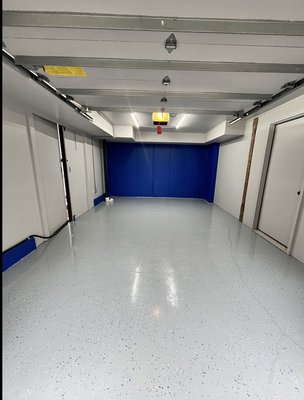 Garage upgrade - This repaint was done to an old garage that needed an upgrade. We did a full repaint on walls, ceiling and doors using Scuff-X by Benjamin Moore and a full epoxy application on the concrete floor. Garage upgrade - This repaint was done to an old garage that needed an upgrade. We did a full repaint on walls, ceiling and doors using Scuff-X by Benjamin Moore and a full epoxy application on the concrete floor.
