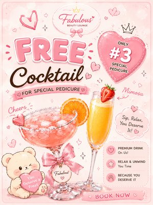 Special Pedicure #3
Free Cocktail & Mimosa - Special Pedicure #3
Free Cocktail & Mimosa