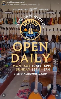 OFFICIALLY REOPENED AFTER THE FIRES - We are officially back in business! Let's help the Malibu community establish a sense of normalcy through music, guitars, and jams. We're open Monday to Saturday from 10am - 6pm, and Sundays from 12 - 6pm. Let's make some music! Hope to see you here at Malibu Music. OFFICIALLY REOPENED AFTER THE FIRES - We are officially back in business! Let's help the Malibu community establish a sense of normalcy through music, guitars, and jams. We're open Monday to Saturday from 10am - 6pm, and Sundays from 12 - 6pm. Let's make some music! Hope to see you here at Malibu Music.