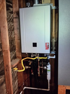 Installed tankless water heater as a part of the whole house repipe - This client needed a whole house water repipe because of a failed slab fed system. They also wanted a new tankless water heater. Installed tankless water heater as a part of the whole house repipe - This client needed a whole house water repipe because of a failed slab fed system. They also wanted a new tankless water heater.