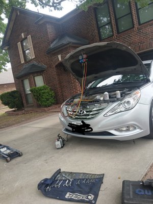 A/C System Overhaul. 2011 Hyundai Sonata - At customers request, replaced the A/C compressor, Condenser, and Expansion Valve, Including All O-Rings As Well, Then Filled System With Proper Level of R-134a Refrigerant As Called For By Manufacturer A/C System Overhaul. 2011 Hyundai Sonata - At customers request, replaced the A/C compressor, Condenser, and Expansion Valve, Including All O-Rings As Well, Then Filled System With Proper Level of R-134a Refrigerant As Called For By Manufacturer