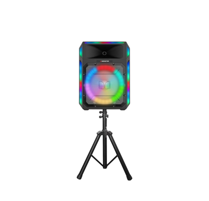 Monster Speaker Duo - 1700W Combined Power: Deep bass and crisp audio
12-HR  X Pro Battery: Rockin’ Roller runs  all day without an outlet.
Synced Party Lights: Dynamic front-facing light shows pulse to the beat
Accessories included: Tripod stand, power cable for X6, wired and wireless microphone.
True Wireless System: Both speakers pair completely wirelessly for stereo sound