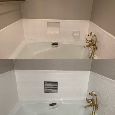 Bathroom Tile - This remodel was done in a master bathroom. We removed all old tile and installed new tile. In the shower, we removed all hardware, moved water lines, and installed a new over head shower. We also tiled the ceiling and added two shower niches. The client is officially a ROI Remodeling and Handyman Svc fanatic. Bathroom Tile - This remodel was done in a master bathroom. We removed all old tile and installed new tile. In the shower, we removed all hardware, moved water lines, and installed a new over head shower. We also tiled the ceiling and added two shower niches. The client is officially a ROI Remodeling and Handyman Svc fanatic.