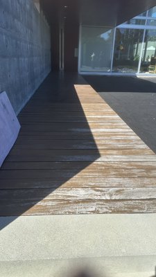 Main entrance deck and pool decks - Sand the old stain from each of the decks, vacuum all the dust, until the wood is clean and apply two coats of stain in oil to protect the decks.