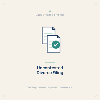 Uncontested Divorce Preparation & Filing — Los Angeles County - Both on the same page about ending the marriage? Then there’s no reason to pay attorney prices. We prepare every form, file it with the court for you, and keep the whole process calm, affordable, and moving — so you can close this chapter without the stress, the confusion, or the legal bills. Most people are surprised how simple an agreed divorce can be when someone handles the paperwork for them. Message us to get started and we’ll tell you exactly what to expect. Uncontested Divorce Preparation & Filing — Los Angeles County - Both on the same page about ending the marriage? Then there’s no reason to pay attorney prices. We prepare every form, file it with the court for you, and keep the whole process calm, affordable, and moving — so you can close this chapter without the stress, the confusion, or the legal bills. Most people are surprised how simple an agreed divorce can be when someone handles the paperwork for them. Message us to get started and we’ll tell you exactly what to expect.