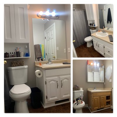 Bathroom Refresh - Painted the walls and vanity, replaced the medicine cabinet with a mirror and added a cabinet above the toilet. Bathroom Refresh - Painted the walls and vanity, replaced the medicine cabinet with a mirror and added a cabinet above the toilet.