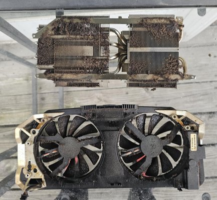 From Grime to Shine: Video Card Restoration - This project highlights the transformation of a video card covered in thick grime. The before image shows the card with dirty, sticky residue and clogged components. The after image reveals a thoroughly cleaned card with restored performance, ensuring optimal airflow and efficiency. From Grime to Shine: Video Card Restoration - This project highlights the transformation of a video card covered in thick grime. The before image shows the card with dirty, sticky residue and clogged components. The after image reveals a thoroughly cleaned card with restored performance, ensuring optimal airflow and efficiency.