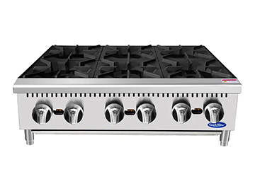 Heavy Duty Countertop Range, Hot Plate with 6 Burners 192,000 BTU - Durable stainless steel enhances aesthetics and ensures long-lasting performance in demanding commercial kitchen environments.
Built to resist corrosion and staining, maintaining integrity and minimizing repair needs over time.
Smooth surface design simplifies cleaning, reducing food particle accumulation and promoting hygiene in busy kitchens.
sturdy legs provide stability on uneven surfaces, ensuring a secure and level setup during operation.
Heavy-duty cast iron grates offer excellent heat retention for even cooking and long-lasting performance.
Six burners with standing pilots provide quick ignition and consistent heat for high-volume cooking.
Each burner has independent controls for precise heat adjustments, enhancing cooking flexibility and efficiency.
Standard rear gas connection simplifies installation and ensures reliable gas flow for optimal cooking performance. Heavy Duty Countertop Range, Hot Plate with 6 Burners 192,000 BTU - Durable stainless steel enhances aesthetics and ensures long-lasting performance in demanding commercial kitchen environments.
Built to resist corrosion and staining, maintaining integrity and minimizing repair needs over time.
Smooth surface design simplifies cleaning, reducing food particle accumulation and promoting hygiene in busy kitchens.
sturdy legs provide stability on uneven surfaces, ensuring a secure and level setup during operation.
Heavy-duty cast iron grates offer excellent heat retention for even cooking and long-lasting performance.
Six burners with standing pilots provide quick ignition and consistent heat for high-volume cooking.
Each burner has independent controls for precise heat adjustments, enhancing cooking flexibility and efficiency.
Standard rear gas connection simplifies installation and ensures reliable gas flow for optimal cooking performance.