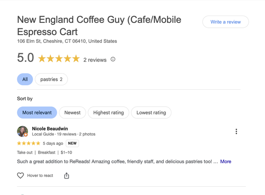 Our Reviews & Testimonials - Thank you for considering New England Coffee Guy. We appreciate your understanding as we continue to grow our Yelp reviews organically. In the meantime checkout what others have said about service from our other location & online profiles.
106 Elm St Cheshire, CT 06410
OR
141 Shield St, West Hartford, CT 06110 Our Reviews & Testimonials - Thank you for considering New England Coffee Guy. We appreciate your understanding as we continue to grow our Yelp reviews organically. In the meantime checkout what others have said about service from our other location & online profiles.
106 Elm St Cheshire, CT 06410
OR
141 Shield St, West Hartford, CT 06110