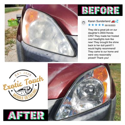 Headlight Restoration - This client had an extremely hard time seeing at night, especially when it rained due to her headlights not being at their maximum potential from oxidation. This is a pretty common problem for cars, luckily we came by the next day to do a premium exterior wash, then we restored her headlights to brand new! Which also saved her hundreds on having to get brand new headlights. Win-win situation!