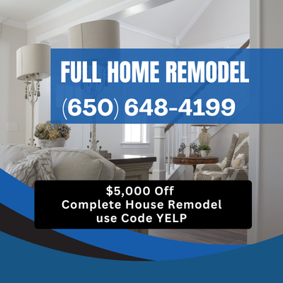 Yelp-Only Discounts - Call Today at (650) 648-4199 for a Free, No-Pressure Estimate on Your Complete Home Remodel!
Mention code YELP for $5,000 off a whole house renovation.
D&D Home Remodeling is your trusted, family-owned remodeling expert serving the Silicon Valley and Bay Area.
At D&D Home Remodeling, we specialize in high-quality, custom home transformations that turn your vision into reality. As a local, family-owned business, we understand the importance of your home and are committed to making the remodeling experience smooth, personal, and stress-free—always keeping your needs, style, and budget top of mind.
Why Choose D&D Home Remodeling?
Reliability & Integrity:
Proudly serving the Bay Area, we've built our reputation on trust, transparency, and exceptional craftsmanship. Every project we take on is treated with care and attention to detail.
Experienced Professionals:
Our team is made up of licensed, skilled experts who are passionate about home remodeling. From initial design to the finishing touches, we ensure the highest standards at every stage.
Tailored Service:
No two homes are alike—and neither are our solutions. Whether it's a full home renovation or a single-room update, we provide customized plans that match your lifestyle and design preferences.
Our Services
D&D Home Remodeling offers a full range of renovation and building services to enhance both the form and function of your home:
Whole Home Remodeling – Transform your entire space with a cohesive, modern design and upgraded functionality.
Kitchen Remodeling – Build your dream kitchen with premium materials, smart layouts, and stylish finishes.
Bathroom Remodeling – Create a spa-like retreat with elegant tilework, fixtures, and thoughtful details.
Deck Building & Design – Expand your living space with beautifully designed and durable outdoor decks.
Pergola & Patio Cover Installation – Add comfort and charm to your backyard with custom-built structures.
ADU & Room Additions – Need more space? We specialize in seamless room additions and Accessory Dwelling Units.
Custom Home Construction – Starting from scratch? Let’s build your perfect home from the ground up.
Our Process
We follow a clear and collaborative approach to ensure a smooth project from start to finish:
Initial Consultation – No pressure, just a conversation to understand your goals, timeline, and budget.
Proposal & Estimate – We provide a clear, itemized proposal based on your needs.
Design & Planning – Work closely with our design team to finalize every detail.
Construction Phase – Our team keeps the project site clean, safe, and on track—while keeping you updated.
Final Walkthrough – Your satisfaction is our priority. We won’t call it complete until you’re thrilled.
What Our Clients Say
“They worked very hard to make sure I got the kitchen of my dreams.” – Jacqueline Richardson
“When I met with D&D Home Remodeling, I felt heard. Dan really wanted to understand my vision, and that personal investment made a huge difference.” – Jacqueline Richardson
“The work with Dan was honest and thorough. No surprises—just great results. I’ll definitely work with him again if I remodel anything else.”
Current Promotion
Mention code YELP when you call and get $5,000 off your complete home renovation!
Call us at (650) 648-4199 to schedule your free, no-obligation estimate and find out why homeowners across the Bay Area trust D&D Home Remodeling to bring their dream homes to life. Yelp-Only Discounts - Call Today at (650) 648-4199 for a Free, No-Pressure Estimate on Your Complete Home Remodel!
Mention code YELP for $5,000 off a whole house renovation.
D&D Home Remodeling is your trusted, family-owned remodeling expert serving the Silicon Valley and Bay Area.
At D&D Home Remodeling, we specialize in high-quality, custom home transformations that turn your vision into reality. As a local, family-owned business, we understand the importance of your home and are committed to making the remodeling experience smooth, personal, and stress-free—always keeping your needs, style, and budget top of mind.
Why Choose D&D Home Remodeling?
Reliability & Integrity:
Proudly serving the Bay Area, we've built our reputation on trust, transparency, and exceptional craftsmanship. Every project we take on is treated with care and attention to detail.
Experienced Professionals:
Our team is made up of licensed, skilled experts who are passionate about home remodeling. From initial design to the finishing touches, we ensure the highest standards at every stage.
Tailored Service:
No two homes are alike—and neither are our solutions. Whether it's a full home renovation or a single-room update, we provide customized plans that match your lifestyle and design preferences.
Our Services
D&D Home Remodeling offers a full range of renovation and building services to enhance both the form and function of your home:
Whole Home Remodeling – Transform your entire space with a cohesive, modern design and upgraded functionality.
Kitchen Remodeling – Build your dream kitchen with premium materials, smart layouts, and stylish finishes.
Bathroom Remodeling – Create a spa-like retreat with elegant tilework, fixtures, and thoughtful details.
Deck Building & Design – Expand your living space with beautifully designed and durable outdoor decks.
Pergola & Patio Cover Installation – Add comfort and charm to your backyard with custom-built structures.
ADU & Room Additions – Need more space? We specialize in seamless room additions and Accessory Dwelling Units.
Custom Home Construction – Starting from scratch? Let’s build your perfect home from the ground up.
Our Process
We follow a clear and collaborative approach to ensure a smooth project from start to finish:
Initial Consultation – No pressure, just a conversation to understand your goals, timeline, and budget.
Proposal & Estimate – We provide a clear, itemized proposal based on your needs.
Design & Planning – Work closely with our design team to finalize every detail.
Construction Phase – Our team keeps the project site clean, safe, and on track—while keeping you updated.
Final Walkthrough – Your satisfaction is our priority. We won’t call it complete until you’re thrilled.
What Our Clients Say
“They worked very hard to make sure I got the kitchen of my dreams.” – Jacqueline Richardson
“When I met with D&D Home Remodeling, I felt heard. Dan really wanted to understand my vision, and that personal investment made a huge difference.” – Jacqueline Richardson
“The work with Dan was honest and thorough. No surprises—just great results. I’ll definitely work with him again if I remodel anything else.”
Current Promotion
Mention code YELP when you call and get $5,000 off your complete home renovation!
Call us at (650) 648-4199 to schedule your free, no-obligation estimate and find out why homeowners across the Bay Area trust D&D Home Remodeling to bring their dream homes to life.