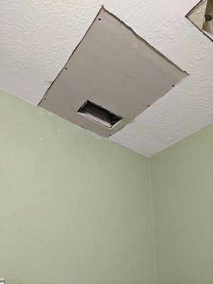 Ceiling repaired - Bathroom repair from leak damage. Sometimes clients choose to paint themselves or paint at a later time.