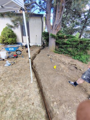 New water supply valve, copper supply pipe and backflow installation for existing sprinkler system. - Removed old gate valve to sprinkler system.
We installed 3/4 copper pipe approximately 40 feet at a depth of 15 inches through tree roots all hand dug due to the trench being located above the natural gas supply.
A new backflow was installed as well New water supply valve, copper supply pipe and backflow installation for existing sprinkler system. - Removed old gate valve to sprinkler system.
We installed 3/4 copper pipe approximately 40 feet at a depth of 15 inches through tree roots all hand dug due to the trench being located above the natural gas supply.
A new backflow was installed as well