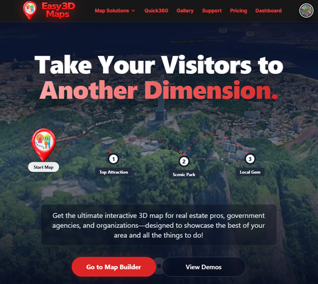 Easy3DMaps.com - This map-centric platform was created for a client to allow users to create map tours of cities, neighborhoods, courses, and large campuses. It has user signup and authentication, Stripe billing integration, fully customizable tour components like colors, fonts, camera zoom, map scales, affiliate advertising managment system, NoSQL database system, emoji markers, etc. Easy3DMaps.com - This map-centric platform was created for a client to allow users to create map tours of cities, neighborhoods, courses, and large campuses. It has user signup and authentication, Stripe billing integration, fully customizable tour components like colors, fonts, camera zoom, map scales, affiliate advertising managment system, NoSQL database system, emoji markers, etc.