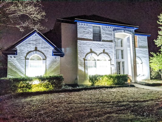 residential Holiday Lighting Package - These photos show our color changing led lighting package. All lights are LED and can change to any desired color via cell phone. awesone way to put year round lighting on your home without the pain staking labor of taking light back down. this is an; easy, cost affective, and great way to spice up your homes night time street appeal. Remember, light can change to any color and can even be dimmable as well. If you play music there is a setting that allows your lights to change with the beat of the music