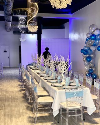 Dejah's 30th birthday Winter Wonderland Soiree - Deja celebrated her 30th birthday surrounded with family and friends with a Winter Wonderland Soiree. We customized this event to fit her style. She graced the room in a stunning gown, enjoying the ice sculpture and bubble booth.