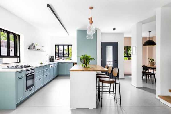 Kitchen - blue and off white - Blue and off white combination! Using quartz and butcher block. Kitchen - blue and off white - Blue and off white combination! Using quartz and butcher block.