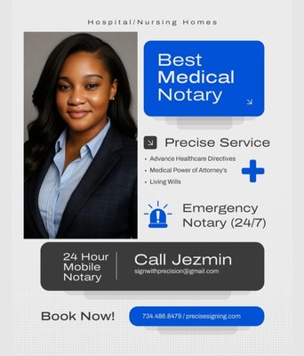 Medical/Hospital/Nursing Home Notary - • Medical Powers of Attorney
• Wills
• Advance healthcare directives that need official notarization