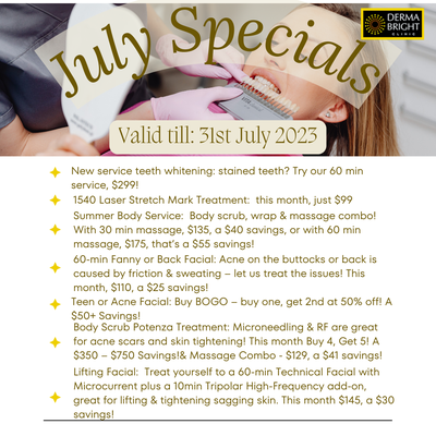 JULY SPECIALS - Hot summer specials to get you looking & feeling great this summer!
Happy Canada Day! JULY SPECIALS - Hot summer specials to get you looking & feeling great this summer!
Happy Canada Day!
