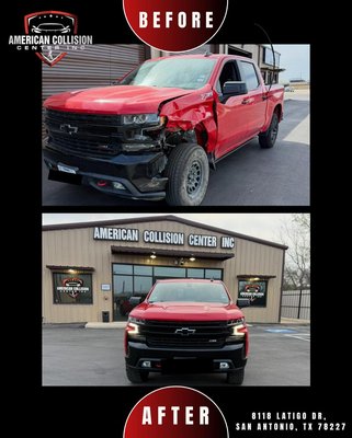 Chevrolet Silverado Front-End Collision Repair - This Chevrolet Silverado came to American Collision Center with major front-end and driver-side collision damage affecting the fender, front bumper, hood alignment, and surrounding body panels. Our team completed the necessary collision repair, body work, panel replacement and restoration, refinishing, and final reassembly to bring the truck back to a clean, factory-quality appearance. The final result restored the vehicle’s look, fit, and finish with close attention to detail throughout the repair process.