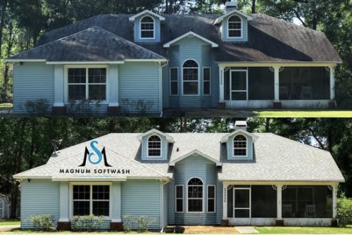 Roof Cleaning - For years, people have relied on pressure or power washing to clean their roof, but they aren't fixing the root of the issue.

Pressure washing eliminates only the surface layer of mold, mildew, algae and bacteria that can be found on your roof. The stains might disappear for the time being, but without eliminating the algae completely, the discolorations often return due to regrowth within six months.

The SoftWash System we use completely cleans your roof and eliminates stain-causing microorganisms by killing 100% of these pests. This soft washing service lasts 4 to 6 times longer than standard pressure washing. There's no algae regrowth – only new growth.