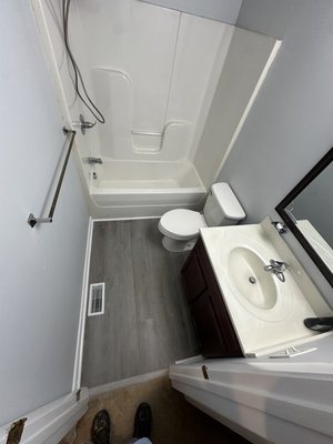 Bathroom Renovation - On this project we fixed a leaky/old cracked toilet flange with a brand new system, replaced water damaged subfloor and flooring! Bathroom Renovation - On this project we fixed a leaky/old cracked toilet flange with a brand new system, replaced water damaged subfloor and flooring!