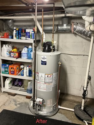 Water heater replacement and water softener installation. - This water heater ruptured in the finished basement of the home due to hard water. The calcium buildup in the tank caused premature failure of the tank. After a water test we determined that installing a water softener and new water heater would be the best option. Now they have a new water heater and the water quality in the home is better than bottled water. Water heater replacement and water softener installation. - This water heater ruptured in the finished basement of the home due to hard water. The calcium buildup in the tank caused premature failure of the tank. After a water test we determined that installing a water softener and new water heater would be the best option. Now they have a new water heater and the water quality in the home is better than bottled water.