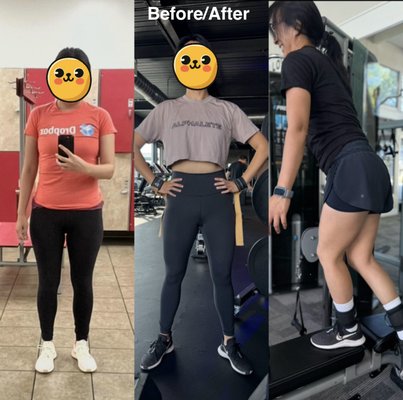 Body recomposition - Female client focused on body recomposition.
Goal: build muscle while reducing body fat.
Session format: in person, x2/week
Results: improved nutrition habits, noticeable fat loss, and increased muscle definition.