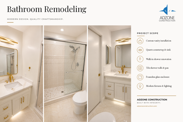 Bathroom Remodeling Project - This bathroom was completely remodeled to create a modern, elegant, and highly functional space. The project included a custom vanity with a quartz countertop, a new sink and faucet, a fully renovated walk-in shower with tiled walls and shower pan, frameless glass enclosure, updated flooring, and modern lighting fixtures. The finished result delivers improved comfort, durability, and a clean contemporary design.

Services Performed:
• Complete bathroom renovation
• Custom vanity installation
• Quartz countertop installation
• Sink and faucet installation
• Walk-in shower renovation
• Tile shower walls and shower pan
• Frameless glass enclosure installation
• Floor tile installation
• Modern lighting and fixture upgrades
• Finish painting and trim work