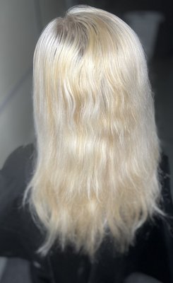 Stunning platinum transformation. - The process was undertaken to eliminate the gold tones. It began with a root touch-up, followed by the application of foils to further diminish the gold. The procedure was completed with a toner. Stunning platinum transformation. - The process was undertaken to eliminate the gold tones. It began with a root touch-up, followed by the application of foils to further diminish the gold. The procedure was completed with a toner.