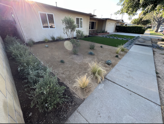 Front yard Project, Artificial turf and desert landscape. - This front yard was completely redone by us, added Desert landscape, river rocks, irrigation, timer, Artificial Turf, Desert plants,DG, Stepping Pavers.