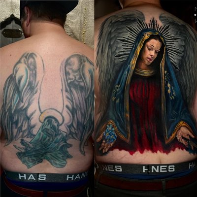 Large cover up virgen project - This project too many sessions, commitment and trust.
Our client Jason found our artist Cesar after looking for several years hoping that someone will take the project and transform the tattoo that made him not wanting to show his back, specially during  vacations.
after been rejected by many artist be shops around the city and other states he finally met and sat with Cesar for a clear and transparent consultation since he had limited choices.
Cesar took on the project with a few conditions, mainly trust, patience and of course freedom on the new design to have the best outcome.
Now Jason is a new person with something that he gets exited to show and talk about he’s experienced.