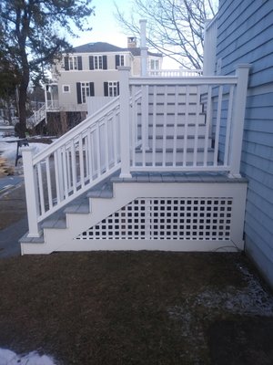 A deck remodel in Kennebunkport Maine in the winter off-season. - We stripped off the existing decking, railings, and lattice. Then we re-decked it with composite decking and railings and finished it with pvc lattice and pvc trimboards. A deck remodel in Kennebunkport Maine in the winter off-season. - We stripped off the existing decking, railings, and lattice. Then we re-decked it with composite decking and railings and finished it with pvc lattice and pvc trimboards.