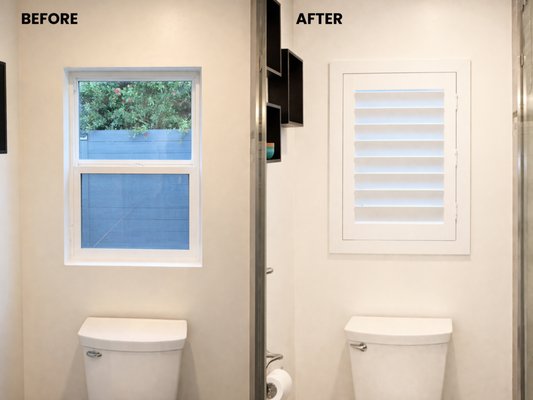 Premium Waterproof Shutter in Bathroom - Next Day Installation. This return customer invited us to quote for one shutter in the newly remodelled bathroom. They loved our Premium REDI shutter along with no long wait times like traditional suppliers and of course the Great price. Our in-house installation team had availability the very next day so we called the customer who was delighted to have their shutter installed the day after they placed the order.

•	      Pre-made shutters that fit over 350 different window sizes.
•	      Premium hardwood shutter and louvers.
•	      Premium hidden gear with 50/50 louver control for privacy and light control.
•	      Premium Sherman Williams white polyurethane resin coating for scratch & moisture resistance.
•	      Unique two way opening & closing louvers unlike custom made.
•	      Most popular 3.5-inch louvers with 3-inch flat Z frame.
•	      Left or right opening option.