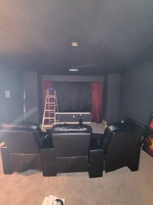 120" Projector Screen and Projector - Our customer wanted to turn his game room into a theater room. We installed a 120" projector screen and a projector along with an electrical outlet and wire access point. We also installed a surround sound system for them. 120" Projector Screen and Projector - Our customer wanted to turn his game room into a theater room. We installed a 120" projector screen and a projector along with an electrical outlet and wire access point. We also installed a surround sound system for them.
