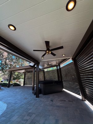 Vaez Freestanding Patio Cover with Privacy Wall - We installed this very custom and very beautiful freestanding patio cover with Spanish Brown and Desert Sand Roof Panels. We also installed a full privacy lattice wall along the entire back wall of this cover. Vaez Freestanding Patio Cover with Privacy Wall - We installed this very custom and very beautiful freestanding patio cover with Spanish Brown and Desert Sand Roof Panels. We also installed a full privacy lattice wall along the entire back wall of this cover.