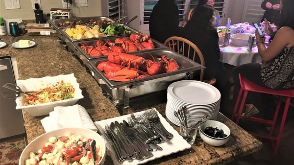 2020-02 Private All Girls Birthday Weekend - 14 People - 2020-02 Private All Girls Birthday Weekend - 14 People
Night 1: Boiled Lobster, Rosemary Red Potatoes, Corn on the Cob, Steamed Broccoli, Tossed Caprese Salad, Apple Pomegranate Slaw, Chocolate Mousse Cake
Night 2: Penne alla Vodka, Shrimp Scampi, Roasted Mixed Vegetables, Garlic Bread, Caesar Salad, Strawberry Gingersnap Shortcake, Chocolate Chip, Bailey's, Kahlua, & Bourbon Bread Pudding
Breakfasts: Scrambled Eggs, Bacon, French Toast, Pancakes
Appetizers: Crudite, Chips with Onion Dip, Hummus, Spinach Artichoke Dip, Bruschetta with Crostini, Lobster Mac n' Cheese