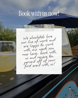 Get to know us! Ask questions and get in contact - (858)226-4078 - Over 10 years of restaurant experience, multiple bartenders at unrivaled prices, Custom menus, great vibes and cocktails you won't forget!
We will work around any requests you need, strict budget? We'll make it happen.
We know how stressful it is to plan an event, wedding, party, so we're here to bring the party and take the weight off your shoulders! As new business owners we are looking to immerse ourselves into the San Diego community and provide a seamless experience for your event!
First time events with us are 10% OFF.
For more info or to book with us click the link for our website, Cheers!
https://www.theboozybengals.com/ Get to know us! Ask questions and get in contact - (858)226-4078 - Over 10 years of restaurant experience, multiple bartenders at unrivaled prices, Custom menus, great vibes and cocktails you won't forget!
We will work around any requests you need, strict budget? We'll make it happen.
We know how stressful it is to plan an event, wedding, party, so we're here to bring the party and take the weight off your shoulders! As new business owners we are looking to immerse ourselves into the San Diego community and provide a seamless experience for your event!
First time events with us are 10% OFF.
For more info or to book with us click the link for our website, Cheers!
https://www.theboozybengals.com/
