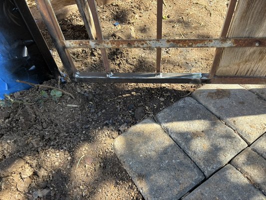 Rusted gate repair - The gate was sitting in the dirt causeing the corner to rust out. I cut the bottom rail out till there was no more rot and replaced with a new section of metal. Rusted gate repair - The gate was sitting in the dirt causeing the corner to rust out. I cut the bottom rail out till there was no more rot and replaced with a new section of metal.