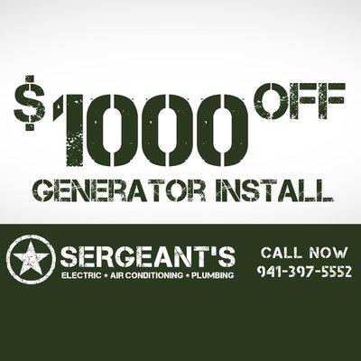 $1000 Off Whole Home Generator Installation - Offer valid on qualifying residential standby generator installations. Additional charges may apply for permits, electrical upgrades, fuel connections, site conditions, or services not included in the standard installation. Cannot be combined with other offers or prior sales. $1000 Off Whole Home Generator Installation - Offer valid on qualifying residential standby generator installations. Additional charges may apply for permits, electrical upgrades, fuel connections, site conditions, or services not included in the standard installation. Cannot be combined with other offers or prior sales.