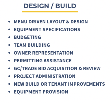 Design Services Included - -MENU DRIVEN LAYOUT & DESIGN
-EQUIPMENT SPECIFICATIONS
-BUDGETING
-TEAM BUILDING
-OWNER REPRESENTATION
-PERMITTING ASSISTANCE
-GC/TRADE BID ACQUISITION & REVIEW
-PROJECT ADMINISTRATION
-NEW BUILD OR TENANT IMPROVEMENTS
-EQUIPMENT PROVISION