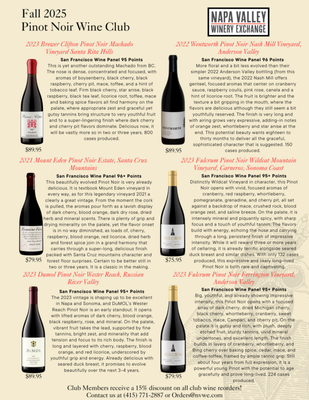 Fall 2025 Pinot Noir Club - 2023 Brewer Clifton Pinot Noir Machado Vineyard Santa Rita Hills
95 Points
2022 Wentworth Pinot Noir Nash Mill Vineyard, Anderson Valley
96 Points
2021 Mount Eden Pinot Noir Estate, Santa Cruz Mountains
96+ Points
2023 Fulcrum Pinot Noir Wildcat Mountain Vineyard, Carneros, Sonoma Coast
95+ Points
2023 Dumol Pinot Noir Wester Reach, Russian River Valley
95+ Points
2023 Fulcrum Pinot Noir Ferrington Vineyard, Anderson Valley
95+ Points
Reorders for wine club members get 15% discount! Fall 2025 Pinot Noir Club - 2023 Brewer Clifton Pinot Noir Machado Vineyard Santa Rita Hills
95 Points
2022 Wentworth Pinot Noir Nash Mill Vineyard, Anderson Valley
96 Points
2021 Mount Eden Pinot Noir Estate, Santa Cruz Mountains
96+ Points
2023 Fulcrum Pinot Noir Wildcat Mountain Vineyard, Carneros, Sonoma Coast
95+ Points
2023 Dumol Pinot Noir Wester Reach, Russian River Valley
95+ Points
2023 Fulcrum Pinot Noir Ferrington Vineyard, Anderson Valley
95+ Points
Reorders for wine club members get 15% discount!