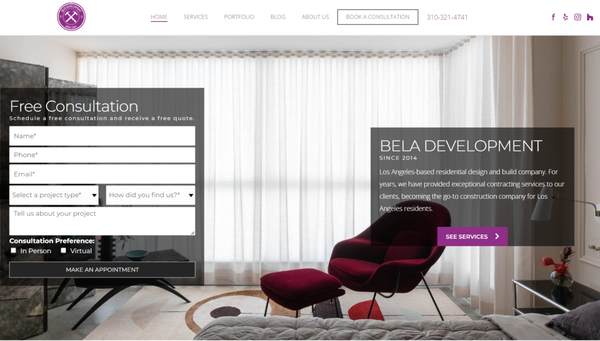 Website development for a general contractor - BELA Development is a general contractor for the design and construction of residential buildings in Los Angeles. The company specializes in the design and construction of houses, renovation, and redevelopment of apartments, annex facilities, remodeling of the kitchen, renovation of bathrooms, interior design, and landscape modeling.
Our company has developed a functional modern website with a wide portfolio and convenient feedback.
Website: https://beladevelopment.com/
Tasks:
- Development of a modern company website
- Adaptation for mobile devices
- SEO-friendly pages
Results:
- With decreasing/increasing the screen size, the content is scaled for easy viewing on any device.
- Order forms with data validation
- Management of all information through the admin panel Website development for a general contractor - BELA Development is a general contractor for the design and construction of residential buildings in Los Angeles. The company specializes in the design and construction of houses, renovation, and redevelopment of apartments, annex facilities, remodeling of the kitchen, renovation of bathrooms, interior design, and landscape modeling.
Our company has developed a functional modern website with a wide portfolio and convenient feedback.
Website: https://beladevelopment.com/
Tasks:
- Development of a modern company website
- Adaptation for mobile devices
- SEO-friendly pages
Results:
- With decreasing/increasing the screen size, the content is scaled for easy viewing on any device.
- Order forms with data validation
- Management of all information through the admin panel