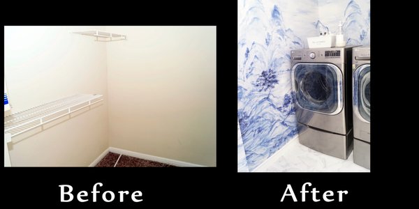 Walk-in Closet into Laundry Room with Doggy Wash Station - This was conversion of a walk-in closet into a laundry room with a doggy wash station addition. It required running new plumbing, vent for new dryer, floor tile, and a frame, plumb, and tile a new doggy wash station with blue glass tile and marble ledges. An extreme level of skill was required for the doggy wash tile, but our team did it and it looks fantastic.