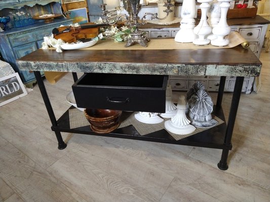 Industrial Kitchen Island - 69 x 84.5 33.5 Tall
Refurbished 1950's Salvaged tractor trailer flooring top.
Steal pipe legs, steal shelf and drawer.
The top has been refinished and stained, yet we kept the original wear on the side of the wood Top. Great conversation piece. Industrial Kitchen Island - 69 x 84.5 33.5 Tall
Refurbished 1950's Salvaged tractor trailer flooring top.
Steal pipe legs, steal shelf and drawer.
The top has been refinished and stained, yet we kept the original wear on the side of the wood Top. Great conversation piece.