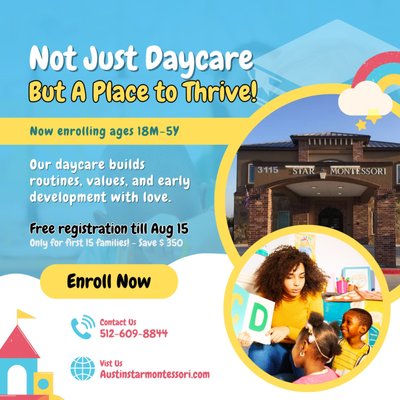 Special Enrollment Offer: Free Registration for the First 15 Families! - Take advantage of our limited-time enrollment special at Star Montessori School! We’re excited to offer free registration (a $350 value) to the first 15 families who enroll their child before August 15th. Give your child the gift of a nurturing Montessori education and save on registration fees—contact us today to schedule a tour or learn more about our programs.
Spaces are filling quickly—don’t miss your chance to join our Star Montessori community and start your child’s journey in a caring, inspiring environment! Special Enrollment Offer: Free Registration for the First 15 Families! - Take advantage of our limited-time enrollment special at Star Montessori School! We’re excited to offer free registration (a $350 value) to the first 15 families who enroll their child before August 15th. Give your child the gift of a nurturing Montessori education and save on registration fees—contact us today to schedule a tour or learn more about our programs.
Spaces are filling quickly—don’t miss your chance to join our Star Montessori community and start your child’s journey in a caring, inspiring environment!