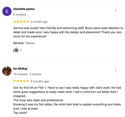 5 Star Client Testimonials - With over 20+ years of combined tattoo expert experience, Ottawa Ink is Ottawa's premier tattoo and piercing shop for discerning tattoo and piercing clients. We specialize in Conch Piercing, Ear Lobe Piercing, Ear Cartilage Piercing, & Eyebrow Piercing. Our expert tattoo artists can execute custom themes for your body artwork ranging contemporary art themes to Japanese style tattoos. Our shop is maintained to the highest hygienic standards, and also provides a laidback & friendly atmosphere. Call today to schedule your free consultation for your tattooing or piercing needs.