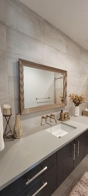 Custom projects bringing fresh updated feels to home! Call now - Bathroom mirror was installed on a porcelain tile wall. I had to drill hole with a diamond bit in order to install inserts and attach brackets with screws Custom projects bringing fresh updated feels to home! Call now - Bathroom mirror was installed on a porcelain tile wall. I had to drill hole with a diamond bit in order to install inserts and attach brackets with screws
