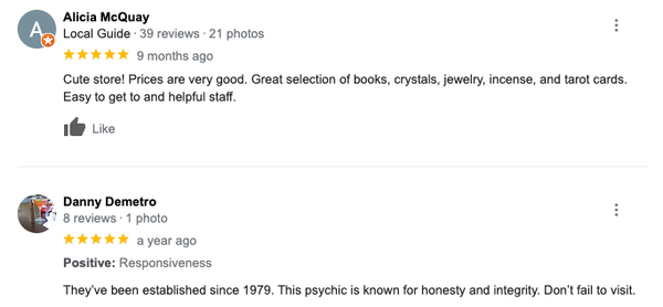 5 Star Client Testimonials - Since 1979, Sally Thompson has been a highly experienced & proficient psychic medium & the owner of Mystic Shop DC in the heart of the city. She specializes in Psychic Readings, Tarot Card Readings, Chakra Readings, Chakra Cleansings, & more. Sally is a 3rd generation clairvoyant with many repeat clients due to her history of providing over 90% accurate readings. Sally has been using her natural psychic gifts to spiritually counsel clients and provide them with psychic readings for 40+ years. Sally welcomes clients from all walks of life, and she specializes in providing bespoke readings tailored to each client's unique needs. Sally is proficient at analyzing your past, present, & future based on the energy that she feels from each client. Sally will not sugarcoat her readings, and will provide you a reading exactly how she perceives it. Typical subjects of her readings range from your friends & family, relationship matters, & client's careers. Contact Mystic Shop Today if you are ready to uncover your destiny, and to help you with your future and present. 5 Star Client Testimonials - Since 1979, Sally Thompson has been a highly experienced & proficient psychic medium & the owner of Mystic Shop DC in the heart of the city. She specializes in Psychic Readings, Tarot Card Readings, Chakra Readings, Chakra Cleansings, & more. Sally is a 3rd generation clairvoyant with many repeat clients due to her history of providing over 90% accurate readings. Sally has been using her natural psychic gifts to spiritually counsel clients and provide them with psychic readings for 40+ years. Sally welcomes clients from all walks of life, and she specializes in providing bespoke readings tailored to each client's unique needs. Sally is proficient at analyzing your past, present, & future based on the energy that she feels from each client. Sally will not sugarcoat her readings, and will provide you a reading exactly how she perceives it. Typical subjects of her readings range from your friends & family, relationship matters, & client's careers. Contact Mystic Shop Today if you are ready to uncover your destiny, and to help you with your future and present.